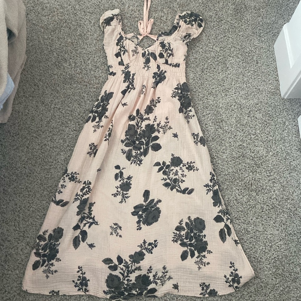 FREE PEOPLE Forget Me Not Floral Print Sweetheart Neck Short Sleeve Midi Dress